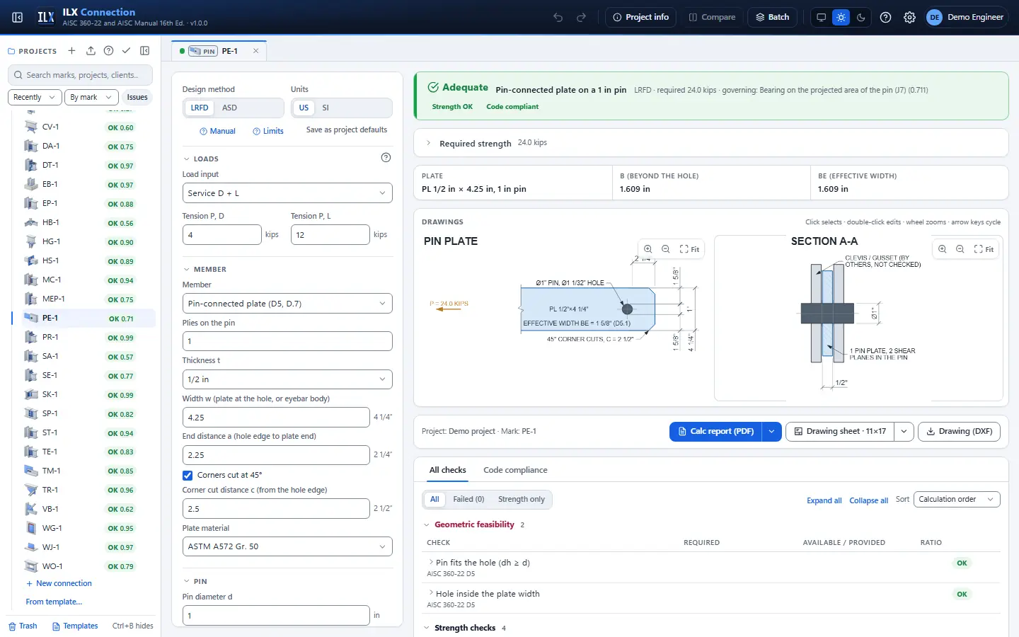 ILX Connection editor for a pin-connected member / eyebar connection (PE-1): inputs, design status, live checks and the connection drawing