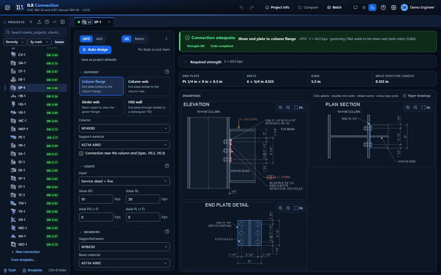 ILX Connection editor for a shear end-plate connection connection (EP-1): inputs, design status, live checks and the connection drawing, dark theme