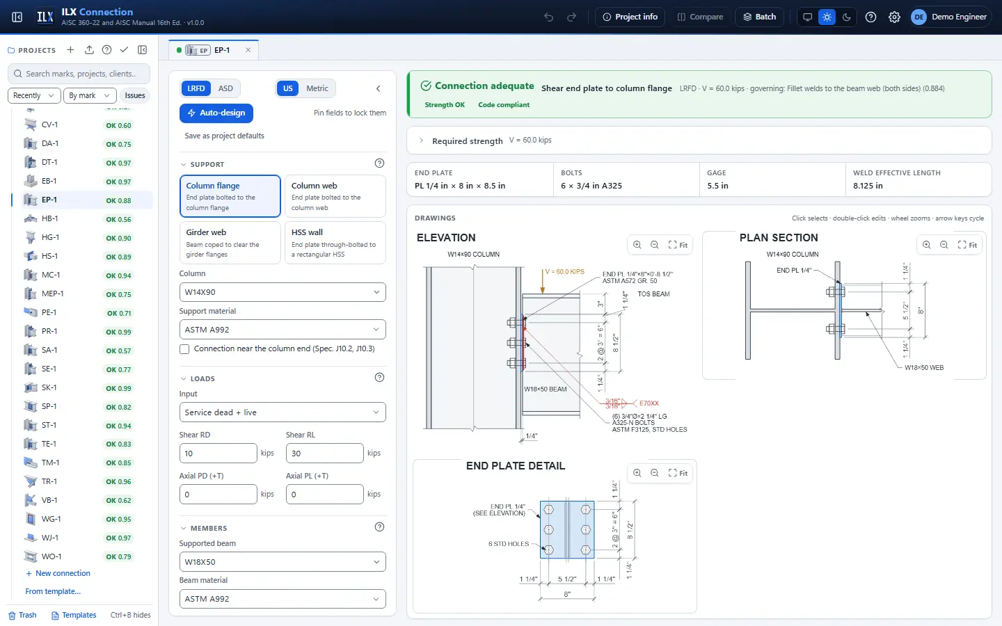 ILX Connection editor for a shear end-plate connection connection (EP-1): inputs, design status, live checks and the connection drawing