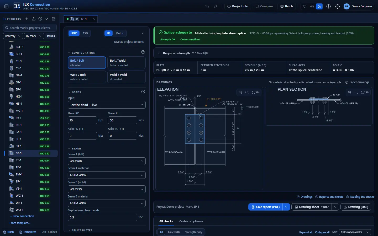 ILX Connection editor for a beam shear splice connection (SP-1): inputs, design status, live checks and the connection drawing, dark theme