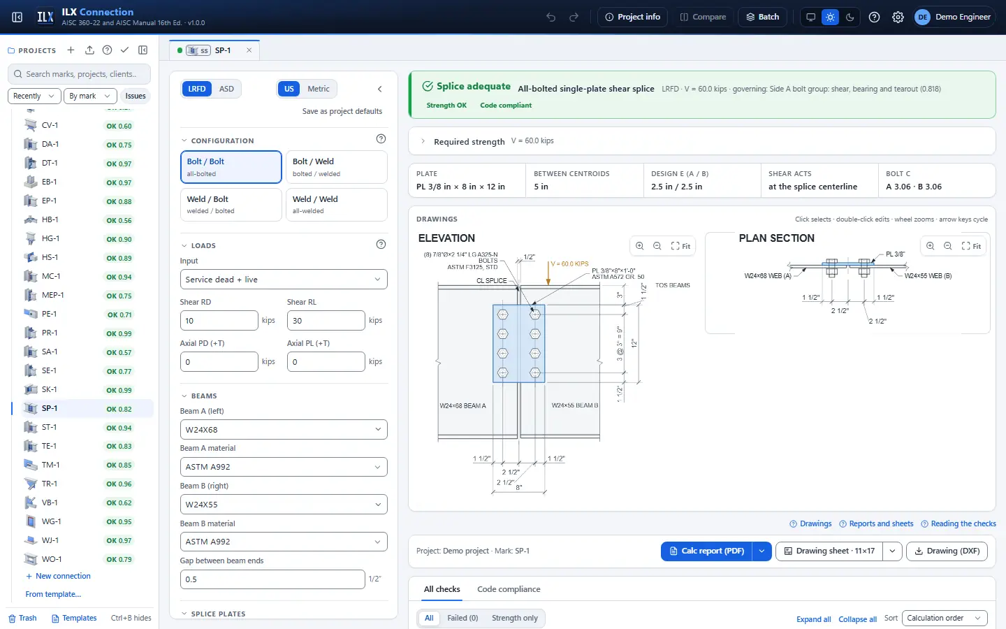 ILX Connection editor for a beam shear splice connection (SP-1): inputs, design status, live checks and the connection drawing