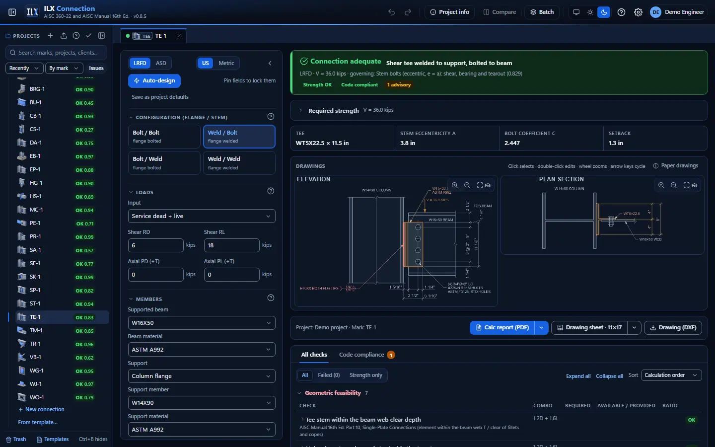 ILX Connection editor for a shear tee connection connection (TE-1): inputs, design status, live checks and the connection drawing, dark theme