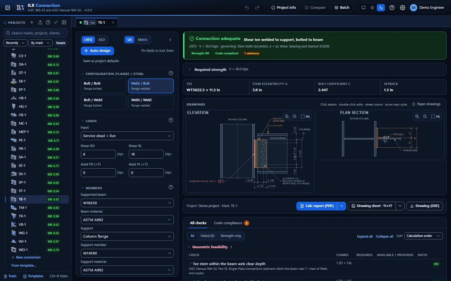 ILX Connection editor for a shear tee connection connection (TE-1): inputs, design status, live checks and the connection drawing, dark theme