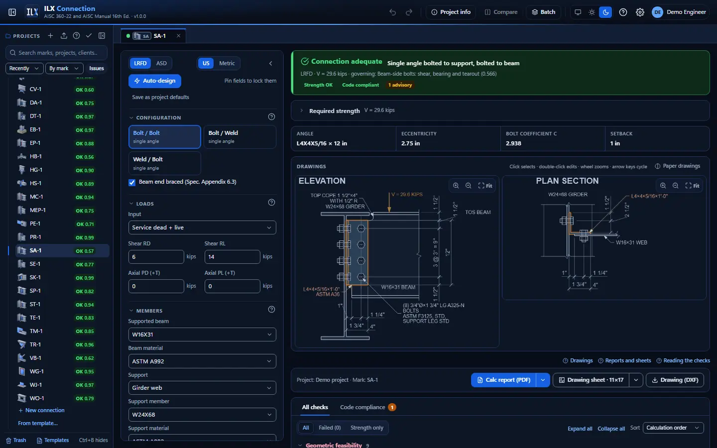 ILX Connection editor for a single-angle shear connection connection (SA-1): inputs, design status, live checks and the connection drawing, dark theme