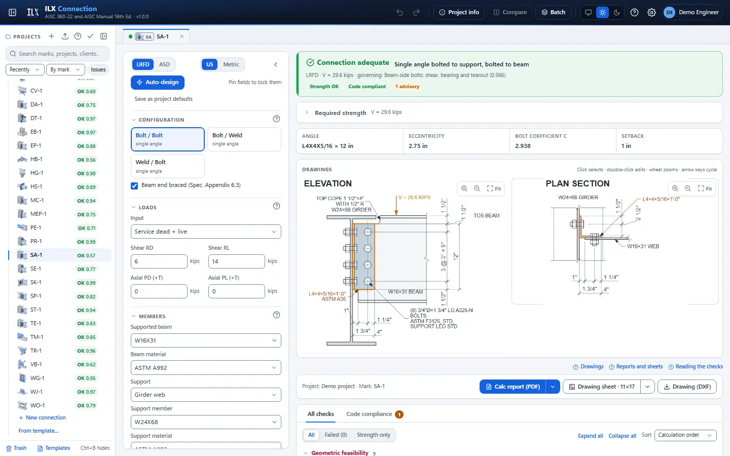 ILX Connection editor for a single-angle shear connection connection (SA-1): inputs, design status, live checks and the connection drawing