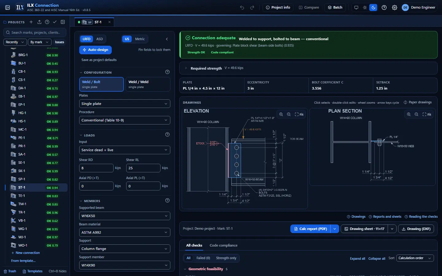ILX Connection editor for a single-plate shear connection connection (ST-1): inputs, design status, live checks and the connection drawing, dark theme