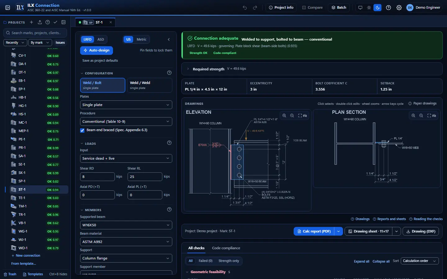 ILX Connection editor for a single-plate shear connection connection (ST-1): inputs, design status, live checks and the connection drawing, dark theme