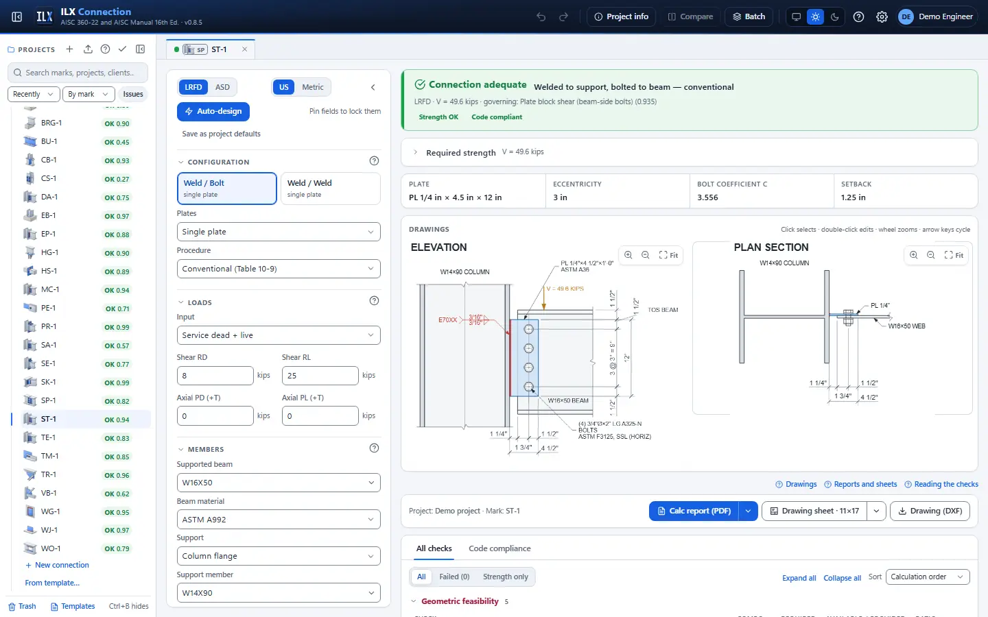 ILX Connection editor for a single-plate shear connection connection (ST-1): inputs, design status, live checks and the connection drawing