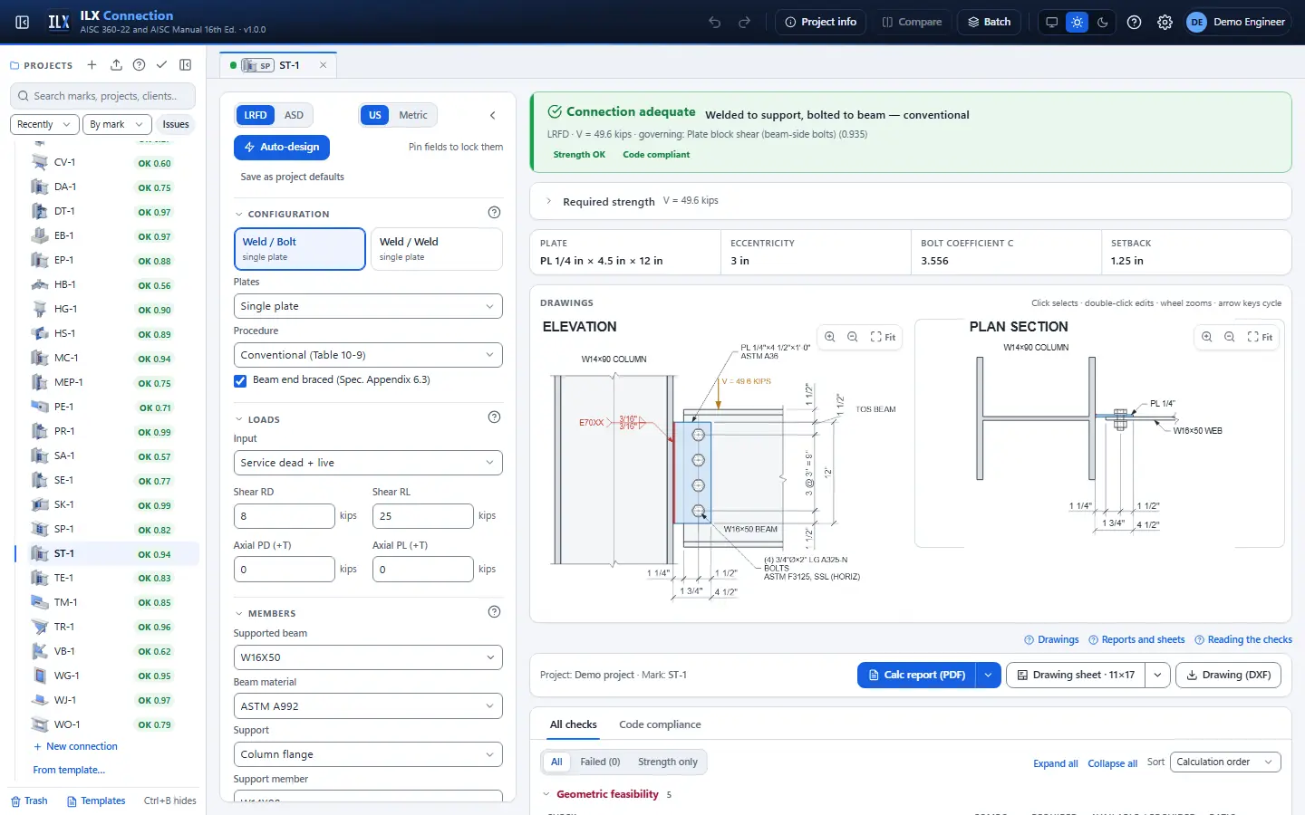 ILX Connection editor for a single-plate shear connection connection (ST-1): inputs, design status, live checks and the connection drawing