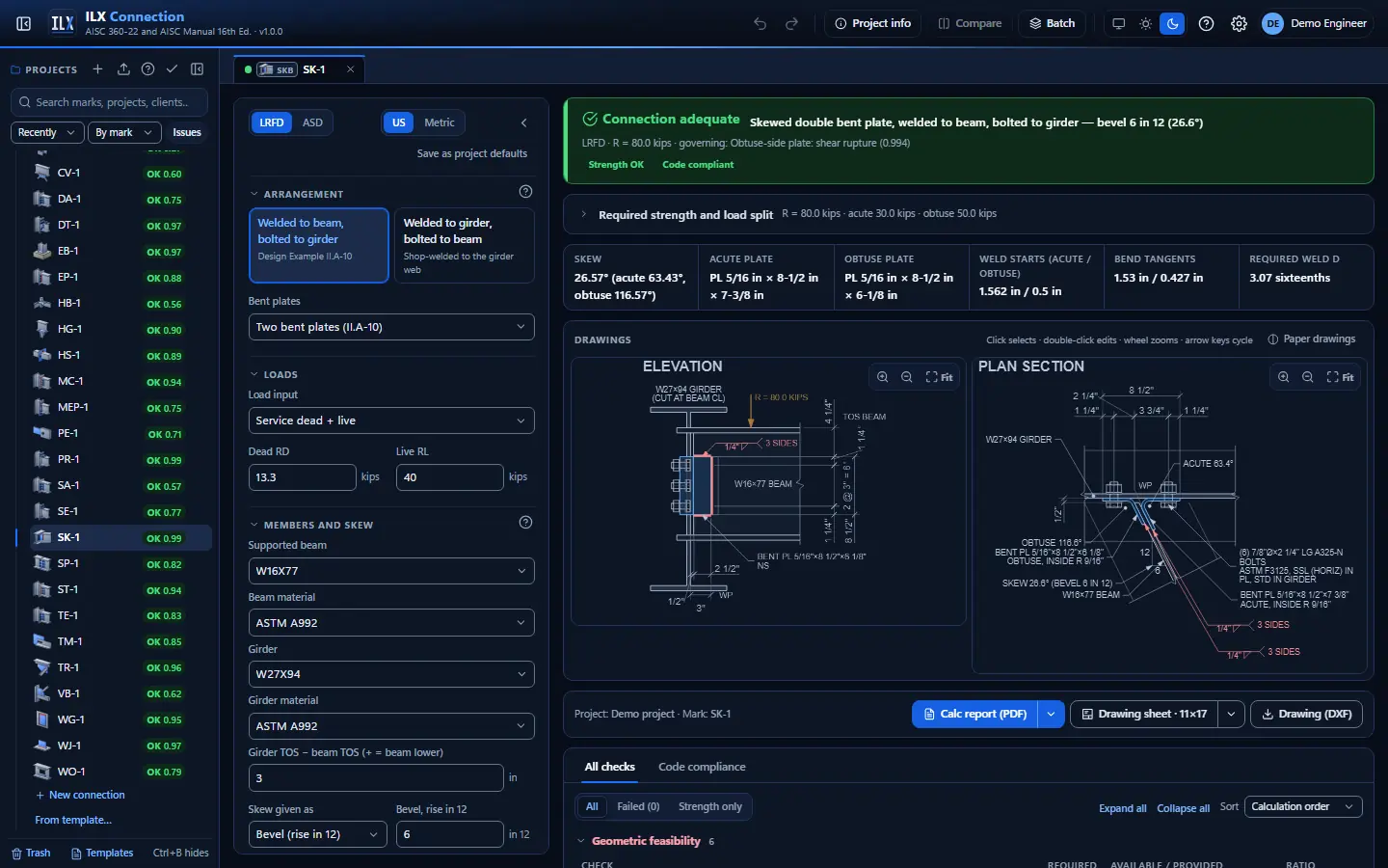 ILX Connection editor for a skewed double bent-plate connection connection (SK-1): inputs, design status, live checks and the connection drawing, dark theme