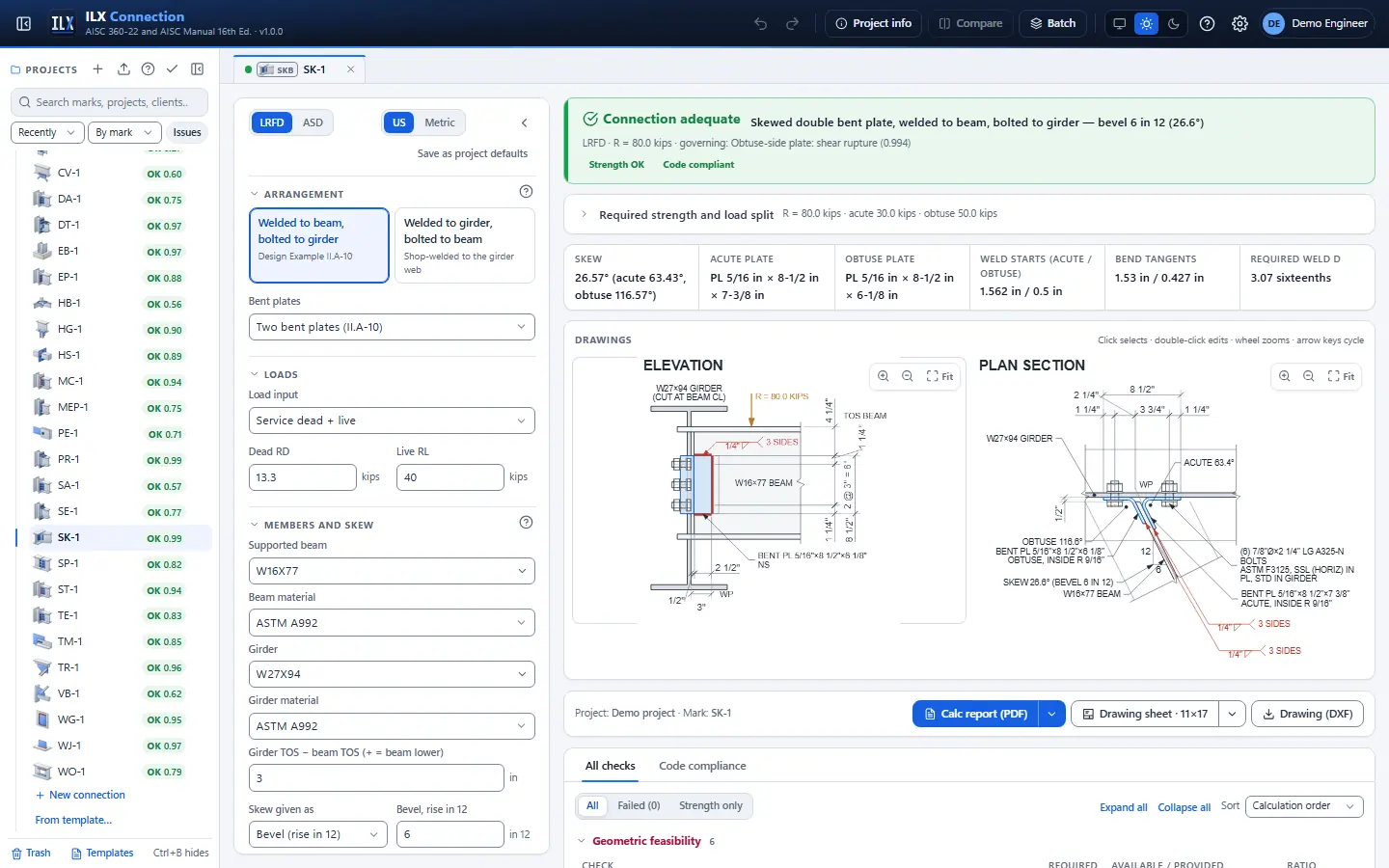 ILX Connection editor for a skewed double bent-plate connection connection (SK-1): inputs, design status, live checks and the connection drawing
