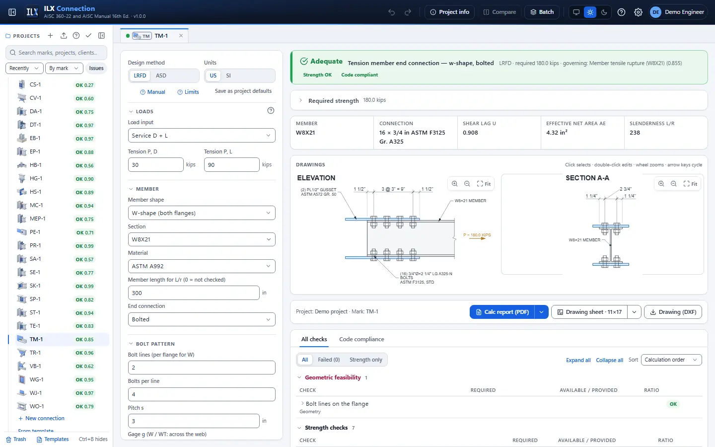 ILX Connection editor for a tension member end connection connection (TM-1): inputs, design status, live checks and the connection drawing