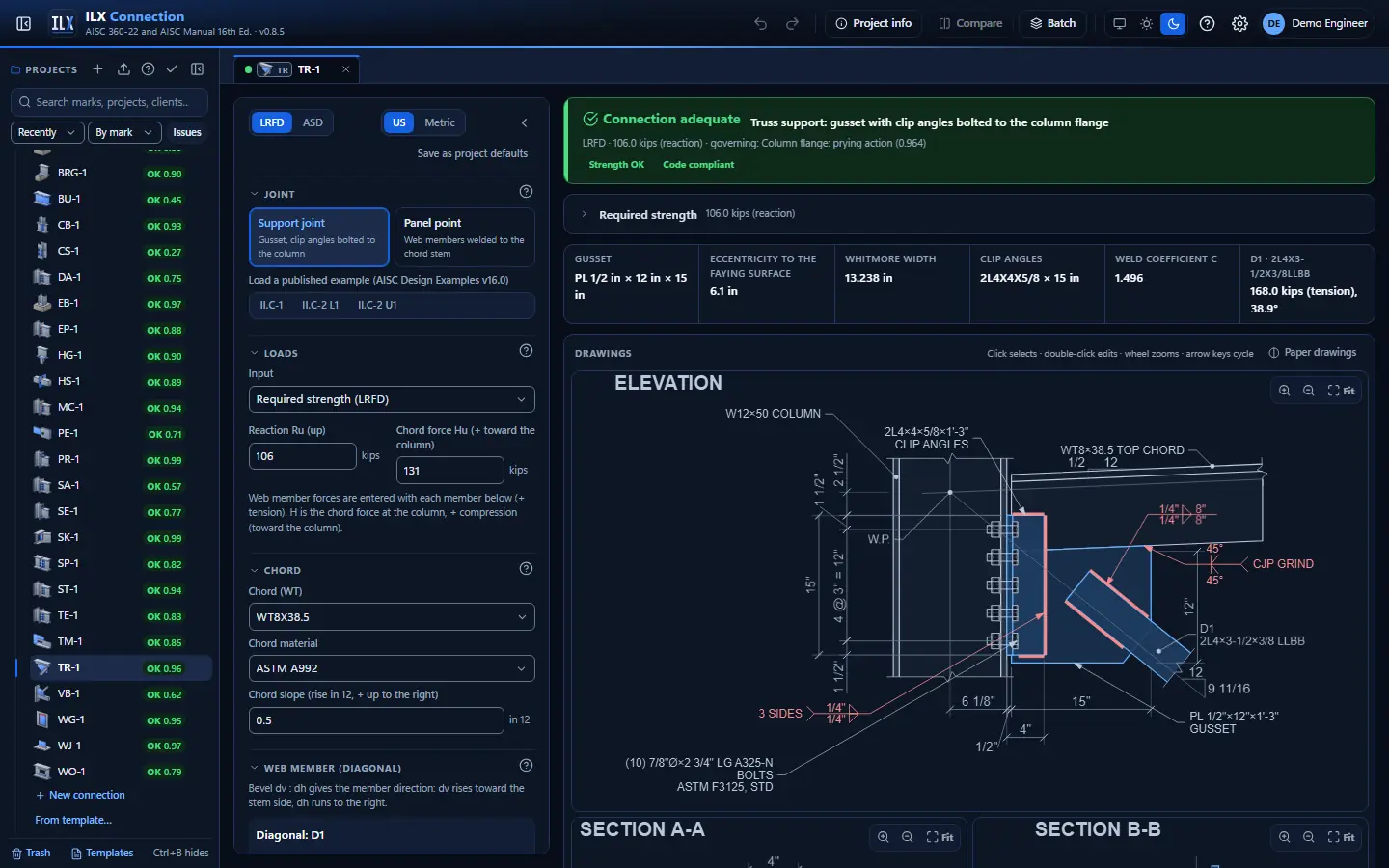 ILX Connection editor for a truss connection connection (TR-1): inputs, design status, live checks and the connection drawing, dark theme