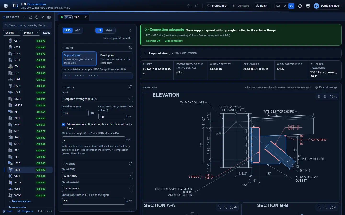 ILX Connection editor for a truss connection connection (TR-1): inputs, design status, live checks and the connection drawing, dark theme
