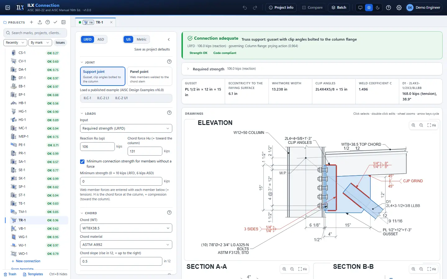 ILX Connection editor for a truss connection connection (TR-1): inputs, design status, live checks and the connection drawing