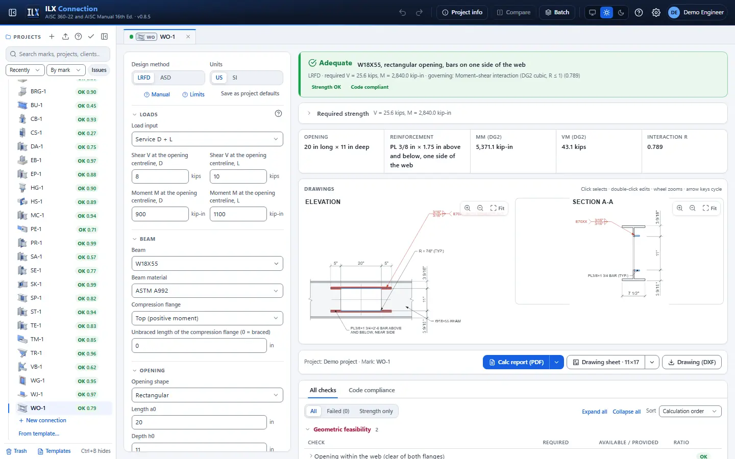 ILX Connection editor for a beam web opening connection (WO-1): inputs, design status, live checks and the connection drawing
