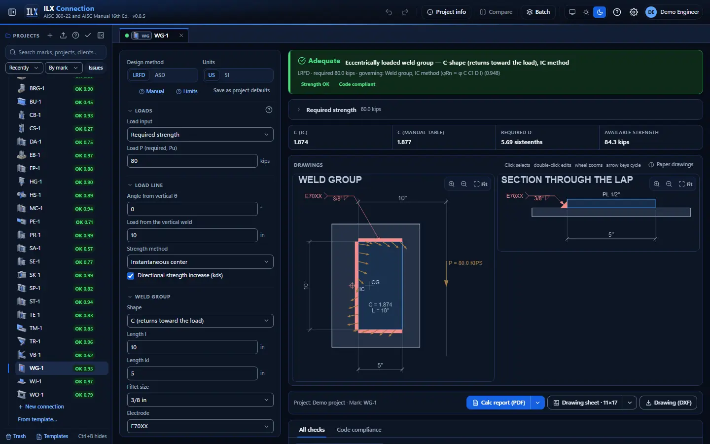 ILX Connection editor for a weld group connection (WG-1): inputs, design status, live checks and the connection drawing, dark theme