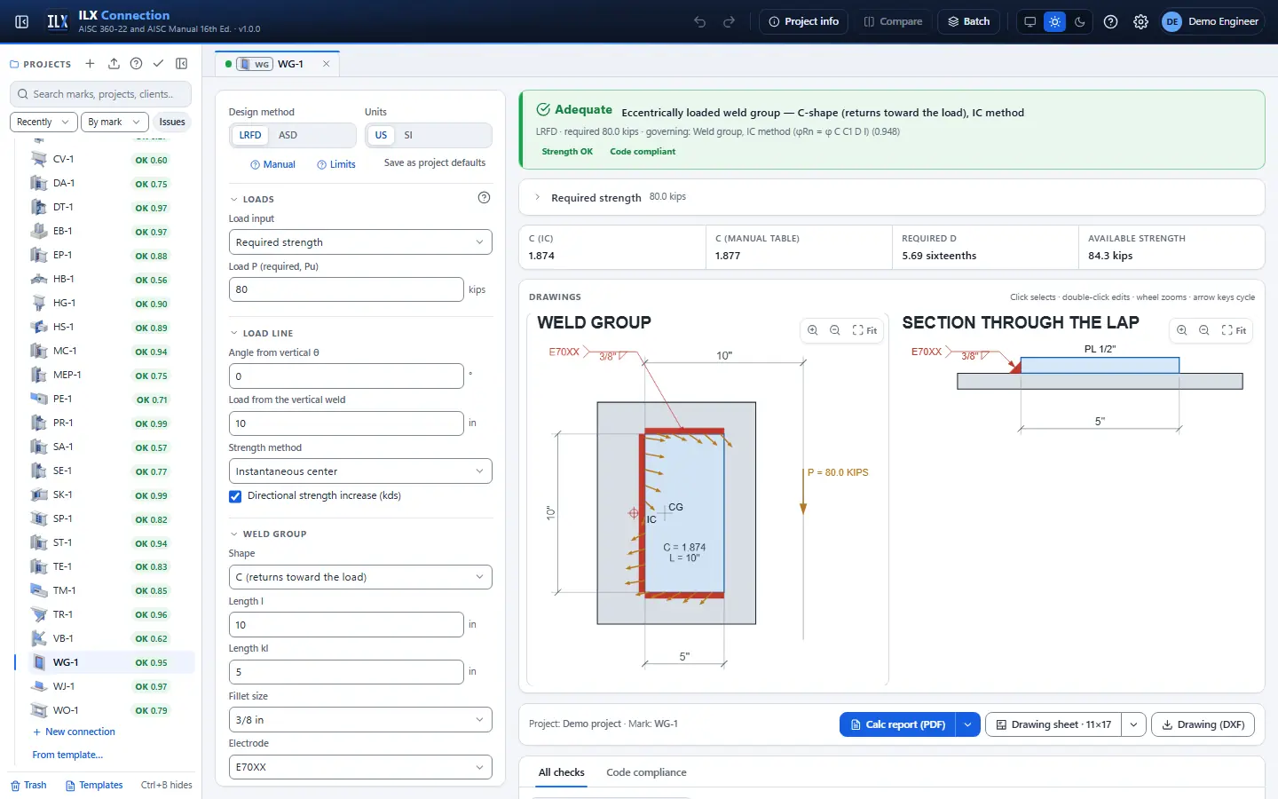 ILX Connection editor for a weld group connection (WG-1): inputs, design status, live checks and the connection drawing