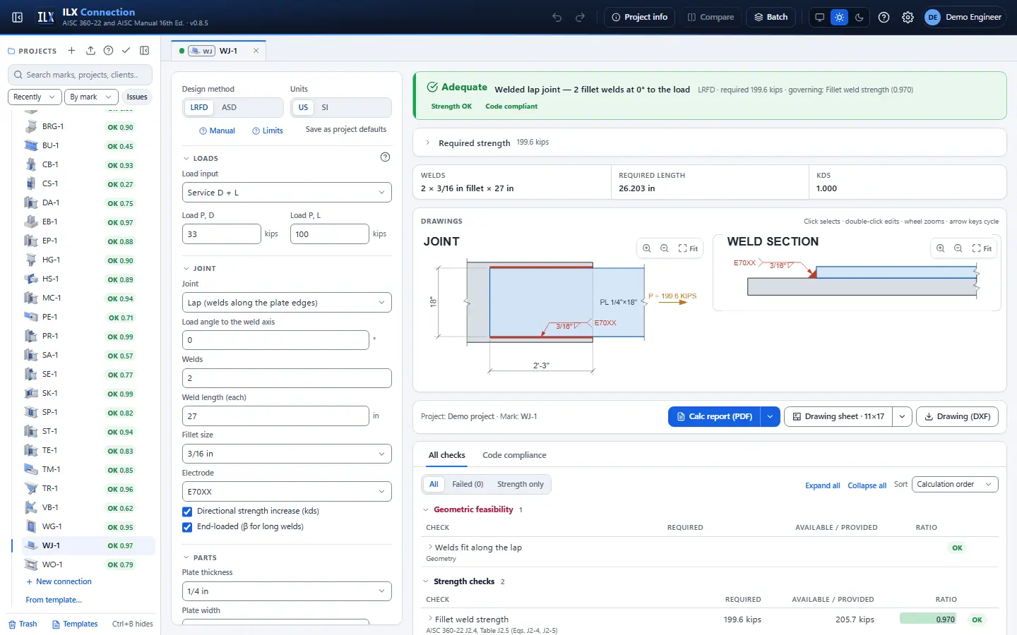 ILX Connection editor for a welded joint connection (WJ-1): inputs, design status, live checks and the connection drawing